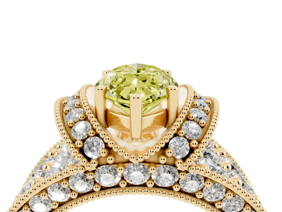 Fancy Yellow Marquise Cut Halo Pave Diamond Engagement Ring with Milgrain Detailing Yellow gold