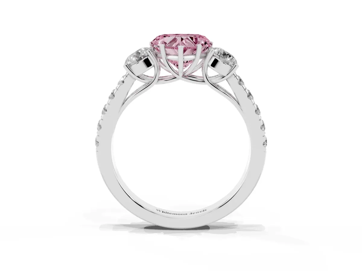 Fancy Pink Heart Cut Cut Diamond Three-Stone Ring with Round Side Stones and Pavé Band Silver