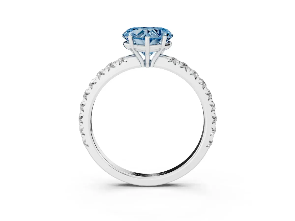 Fancy Blue Heart Cut Diamond Pavé Solitaire Engagement Ring with Four-Prong Setting Silver