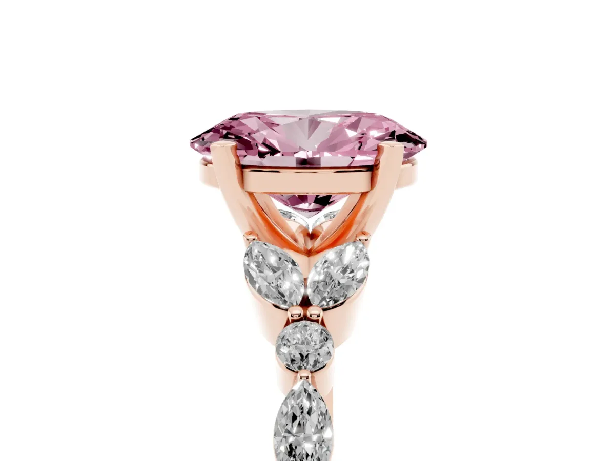 Fancy Pink Oval Cut Diamond Solitaire Ring with Side Stones and Four-Prong Setting Rose gold