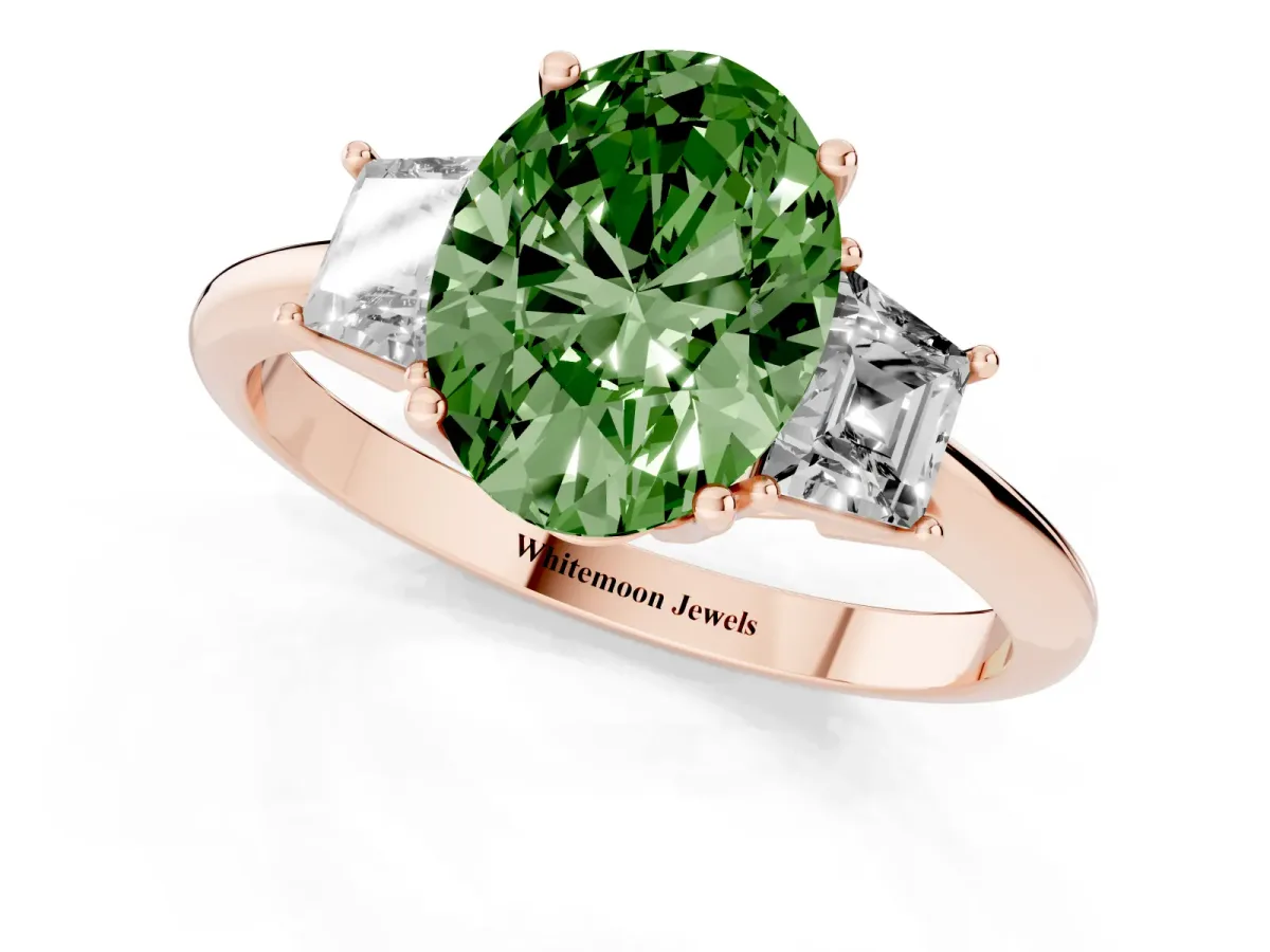 Fancy Green Oval Cut Diamond Three-Stone Ring with Trapezoid Side Stones and Prong Setting Rose gold