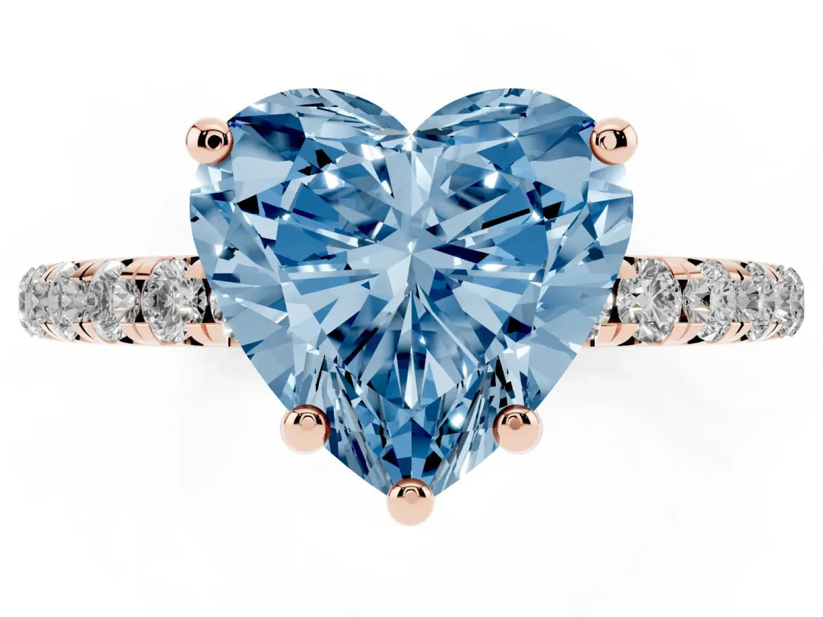 Fancy Blue Heart Cut Cut Diamond Solitaire Ring with Micro Pave Band and Four Prong Setting Rose gold