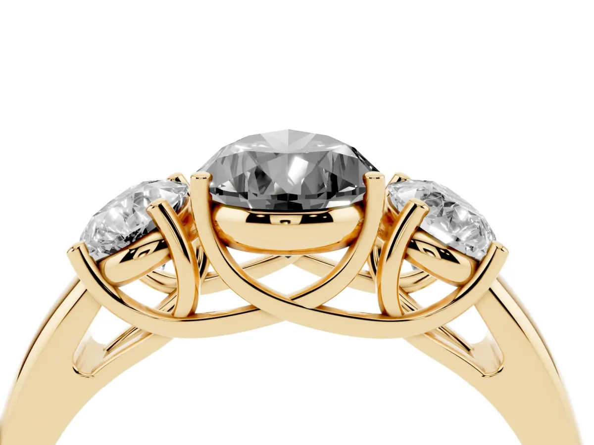 Fancy Black Three-Stone Pear Cut Diamond Engagement Ring with Prong Setting Yellow gold