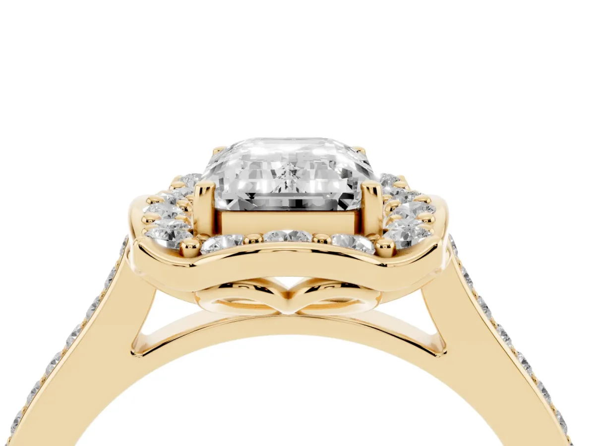 Emerald Cut Halo Round Diamond Pave Band with Four-Prong Setting Yellow gold