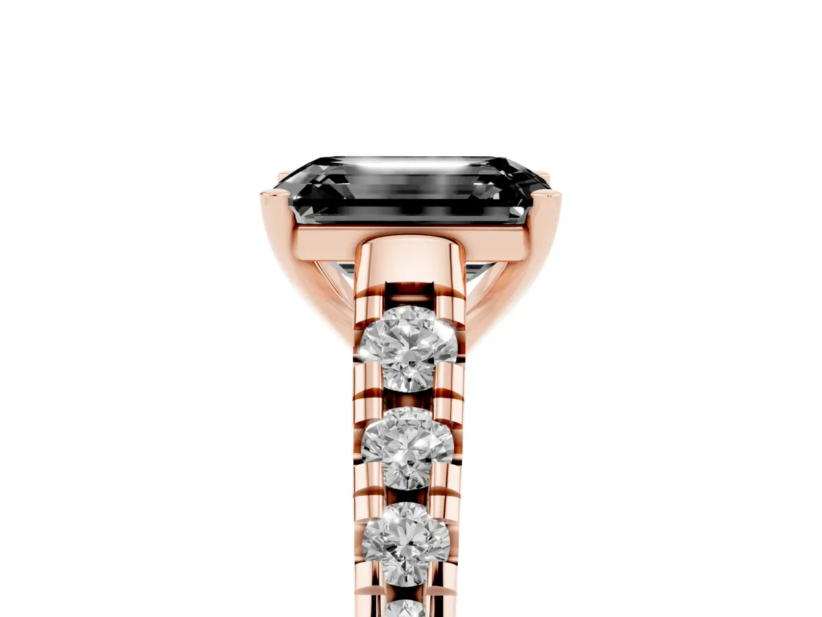Fancy Black Emerald Cut Diamond Cathedral Solitaire Ring with Round Pavé Band Rose gold