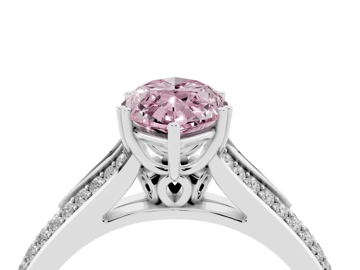 Fancy Pink Marquise Cut Diamond Split Shank Engagement Ring with Pavé Band Silver