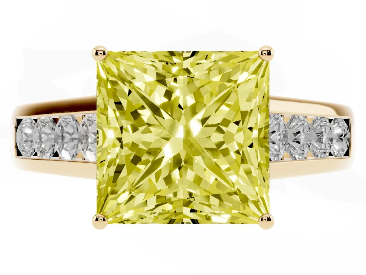 Fancy Yellow Princess Cut Brilliant Channel-Set Solitaire Ring with Four-Prong Setting Yellow gold