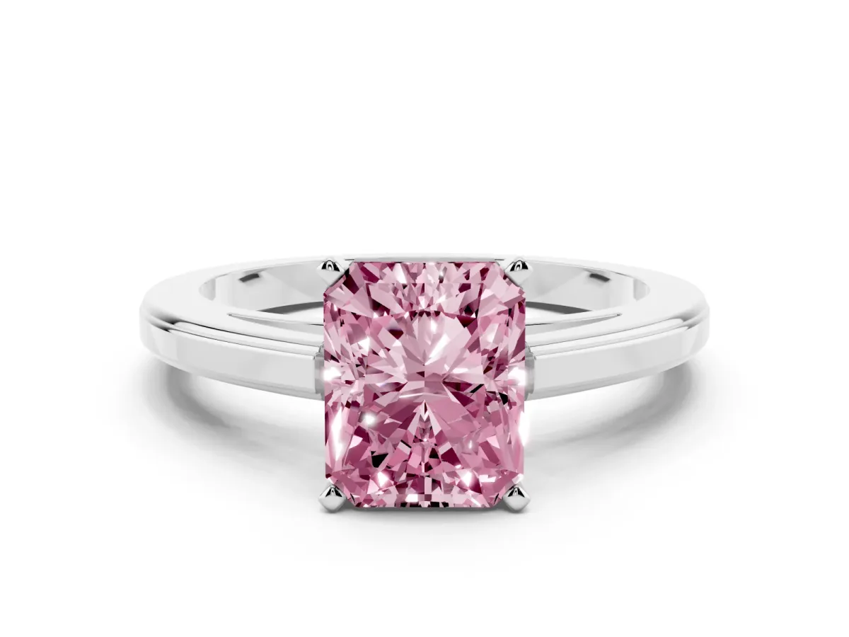 Fancy Pink Radiant Cut Solitaire Diamond Ring with Four-Prong Setting and Classic Band Silver