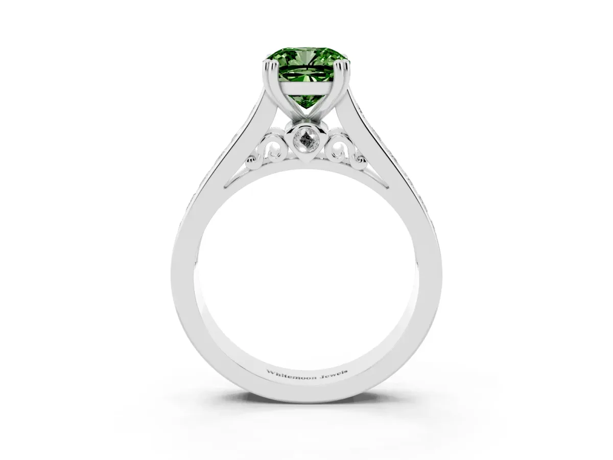 Fancy Green Cushion Cut Cut Channel Set Solitaire Engagement Ring with Prong Setting Silver