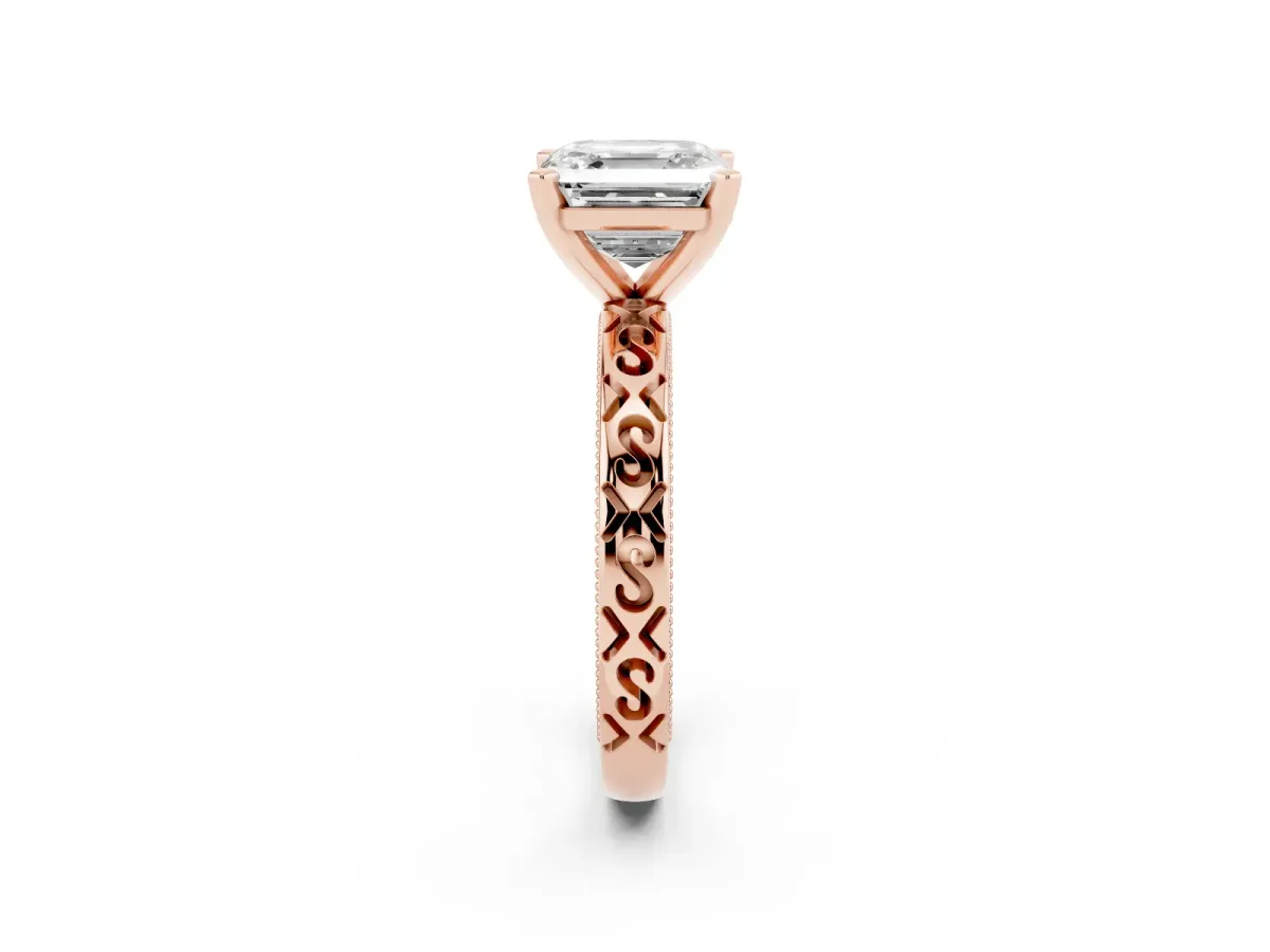 Asscher Cut Solitaire Engagement Ring with Scrollwork Band and Four-Prong Setting Rose gold