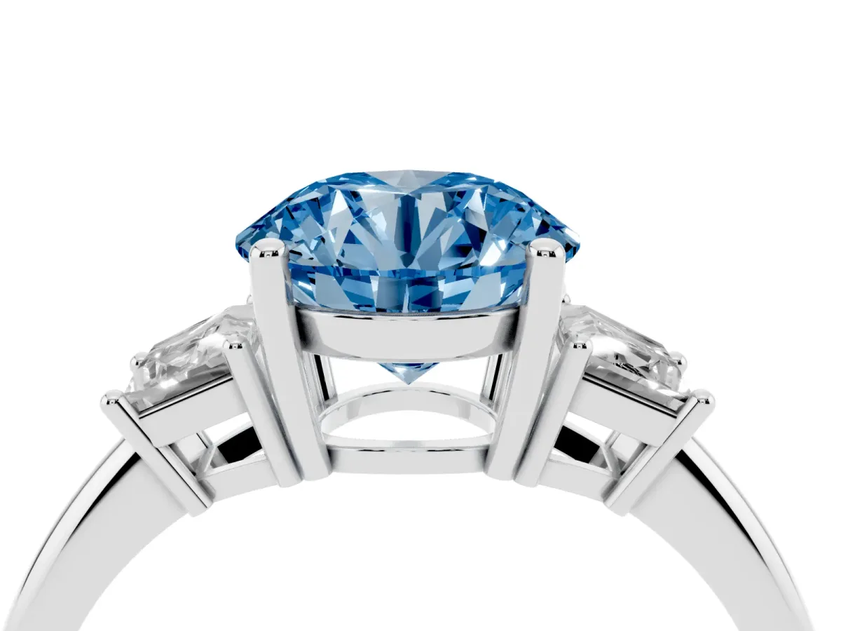 Fancy Blue Round Cut Diamond Three-Stone Ring with Trapezoid Side Stones and Prong Setting Platinum