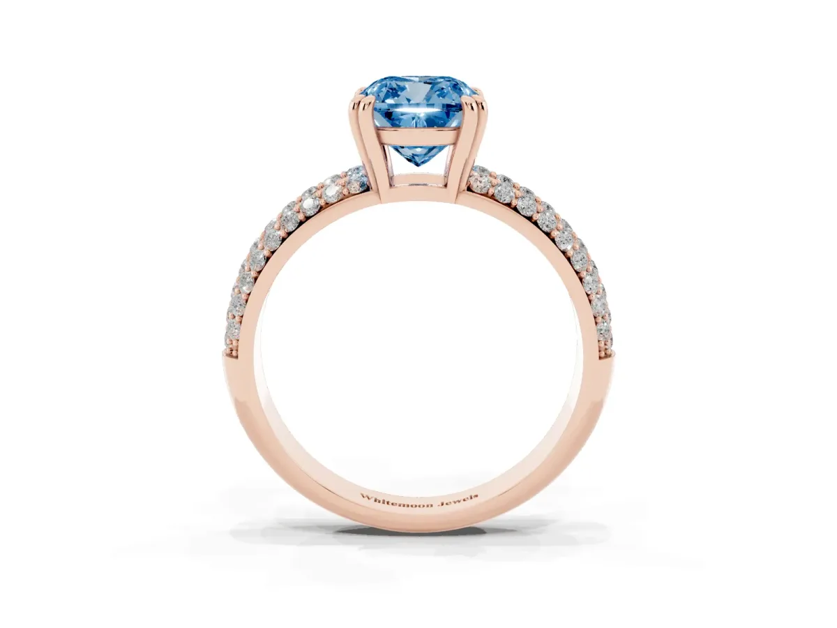 Fancy Blue Cushion Cut Diamond Solitaire Ring with Multi-Row Round Pavé Band and Prong Setting Rose gold