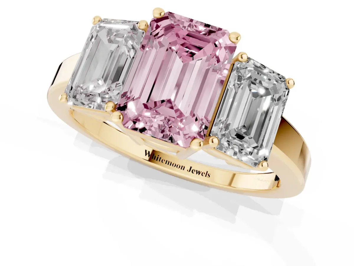 Fancy Pink Three-Stone Emerald Cut Cut Diamond Engagement Ring with Flat Band and Four-Prong Setting Yellow gold