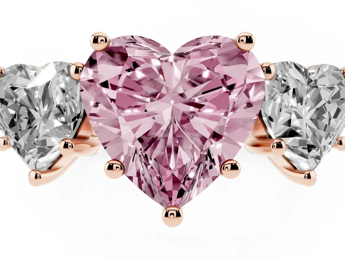 Fancy Pink Three-Stone Heart Cut Diamond Ring with Round Pavé Band and Prong Setting Rose gold