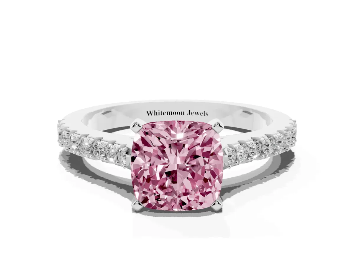 Fancy Pink Cushion Cut Cut Solitaire Diamond Engagement Ring with Pave Band and Four-Prong Setting White gold