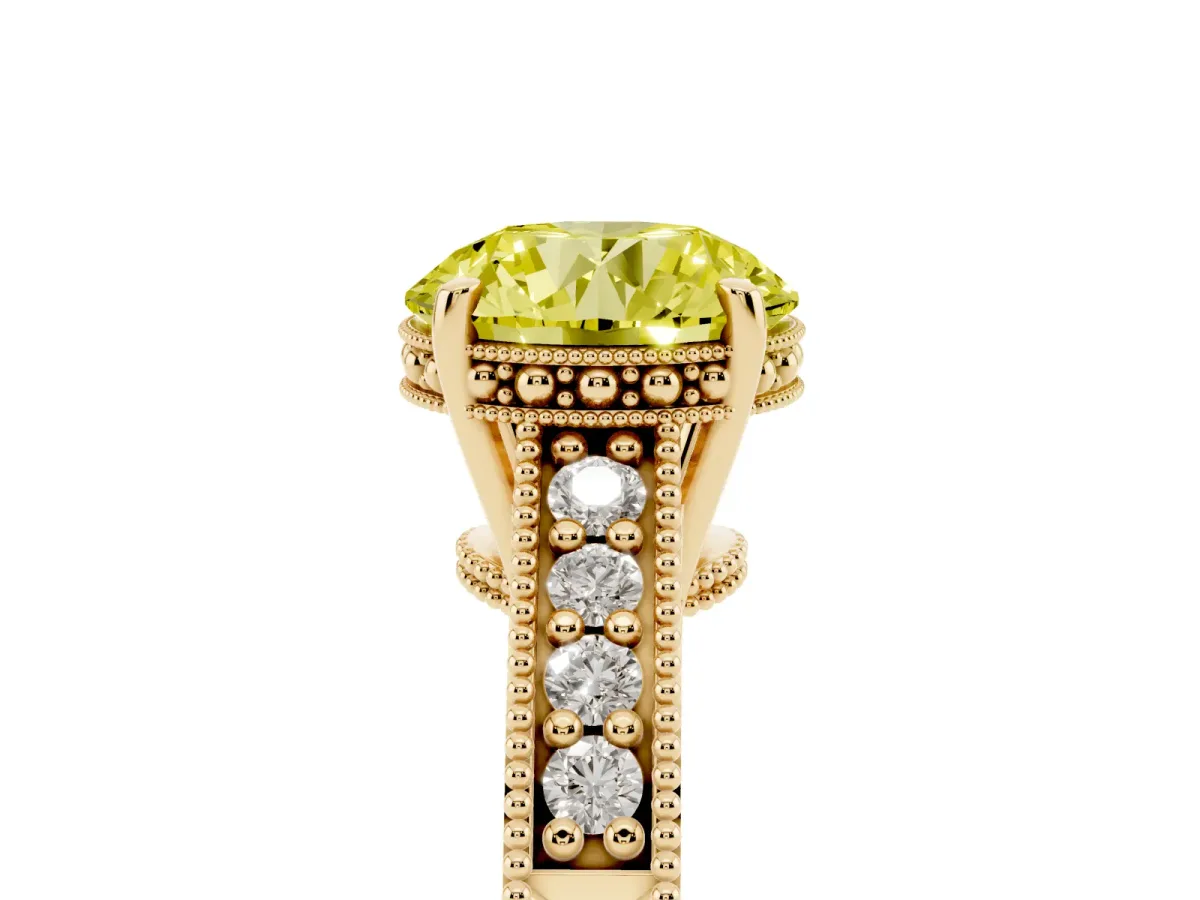 Fancy Yellow Round Cut Solitaire Pavé Diamond Milgrain Engagement Ring with Four-Prong Setting Yellow gold