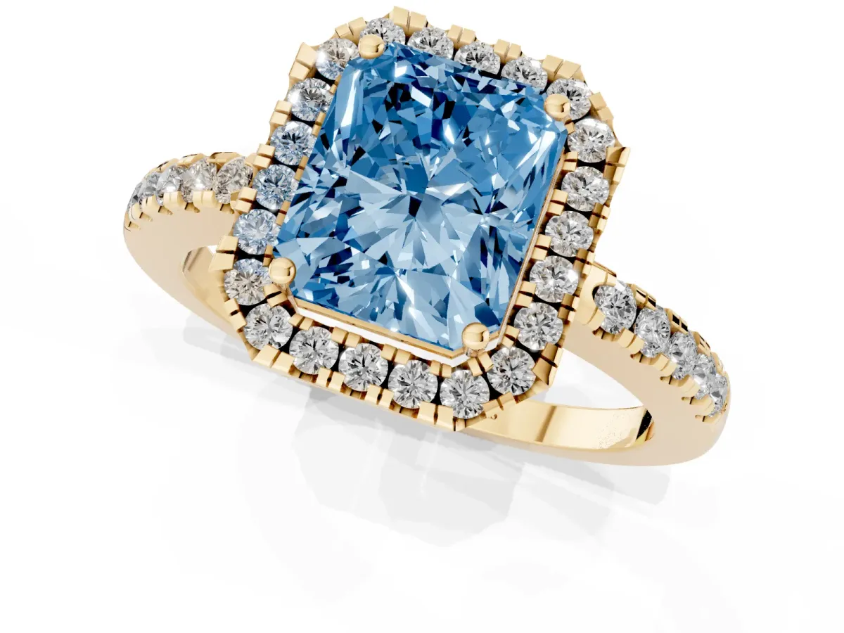 Fancy Blue Radiant Cut Halo Diamond Engagement Ring with Pavé Band and Four-Prong Setting Yellow gold