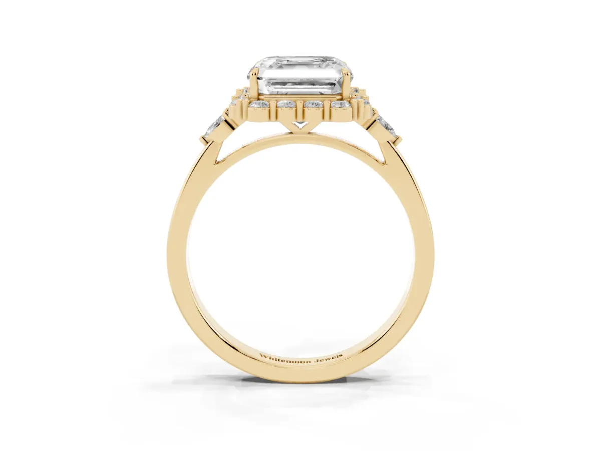 Asscher Cut Diamond Halo Ring with Pear Side Stones and Prong Setting Yellow gold