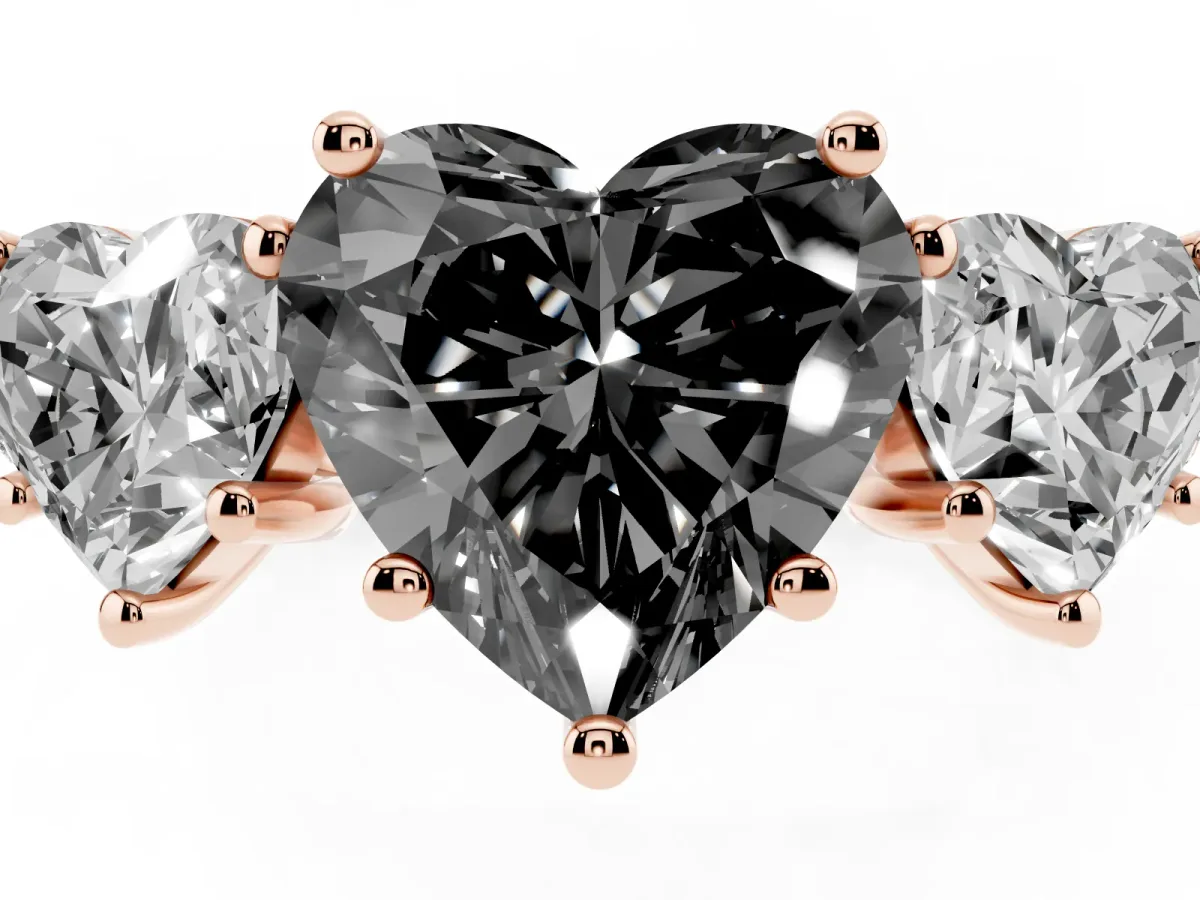 Fancy Black Three-Stone Heart Cut Diamond Ring with Round Pavé Band and Prong Setting Rose gold