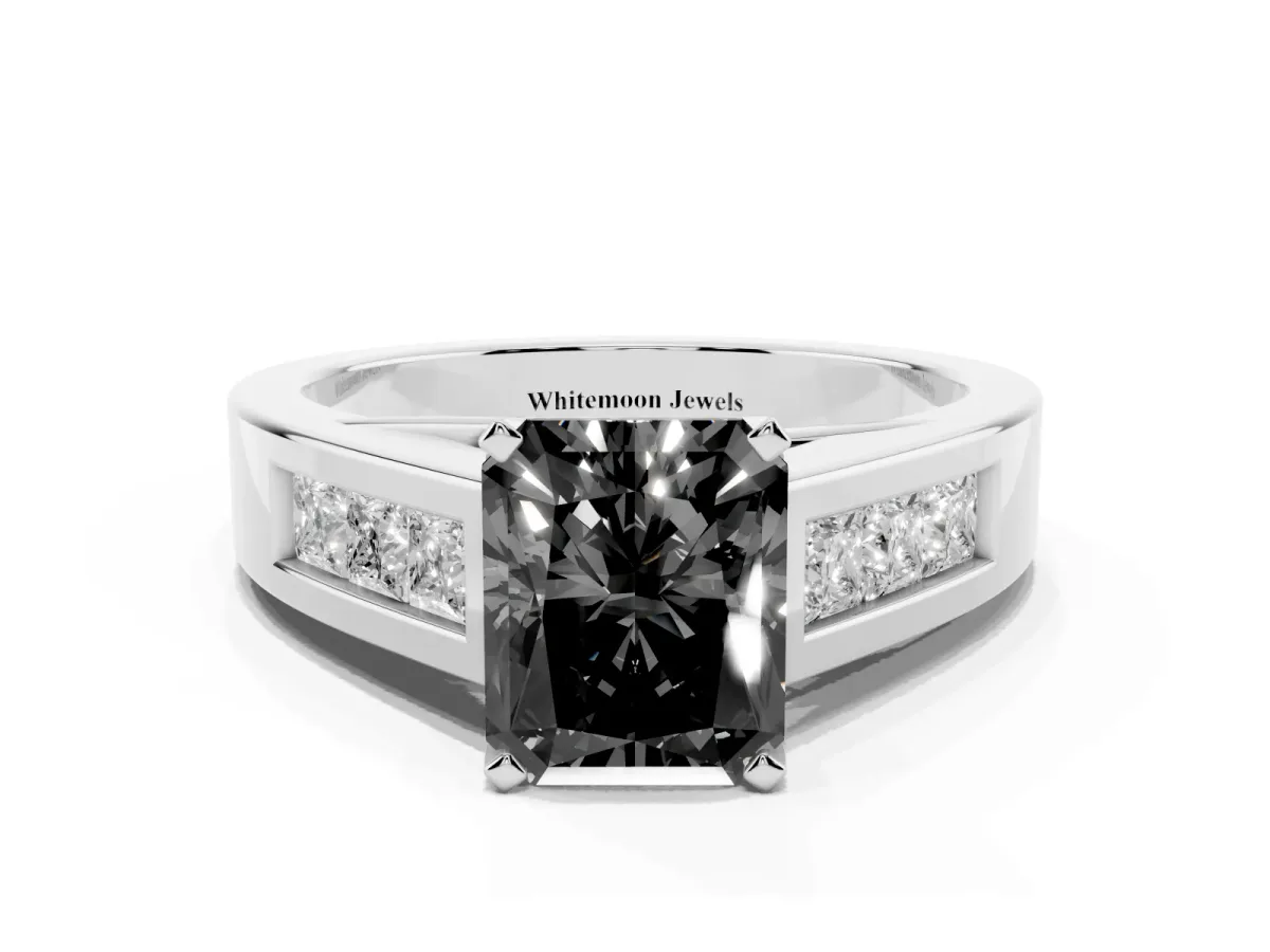 Fancy Black Radiant Cut Cut Channel Set Solitaire Ring with Four-Prong Setting Silver
