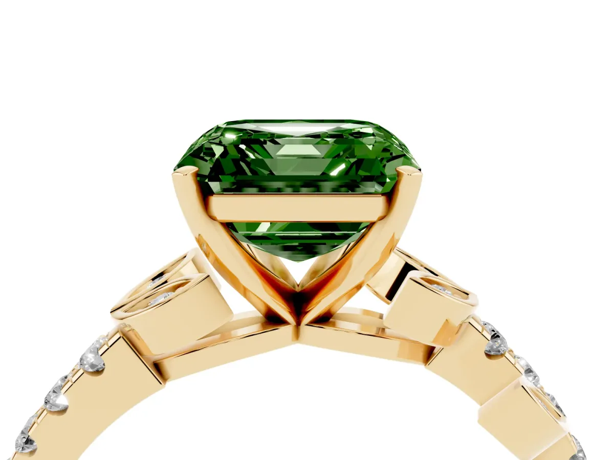 Fancy Green Asscher Cut Solitaire Leaf-Inspired Diamond Ring with Pavé Band and Four-Prong Setting Yellow gold