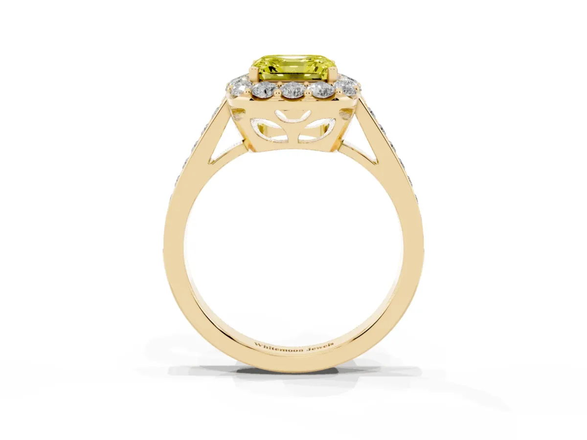 Fancy Yellow Asscher Cut Diamond Floral Halo Ring with Pavé Band and Prong Setting Yellow gold