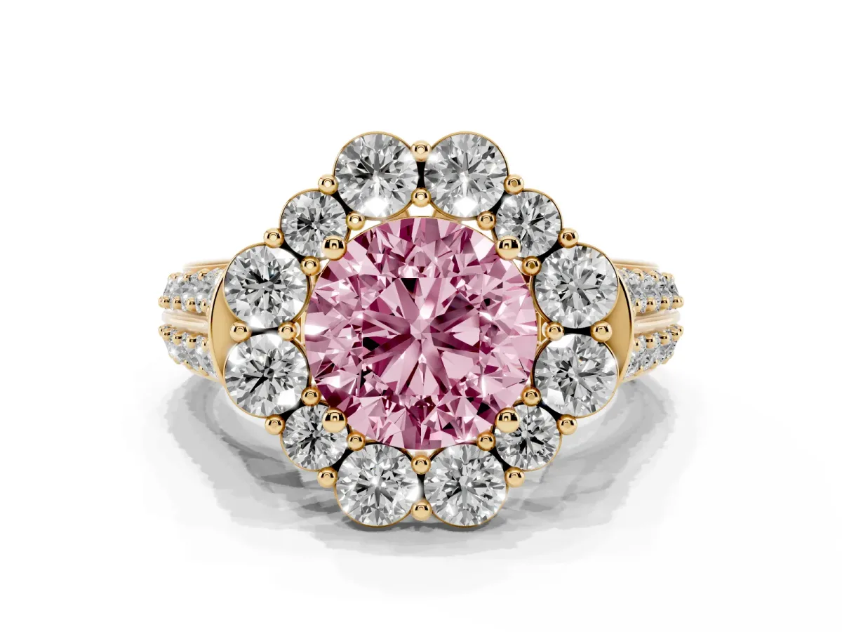 Fancy Pink Round Cut Halo Diamond Engagement Ring with Split Shank and Prong Setting Yellow gold