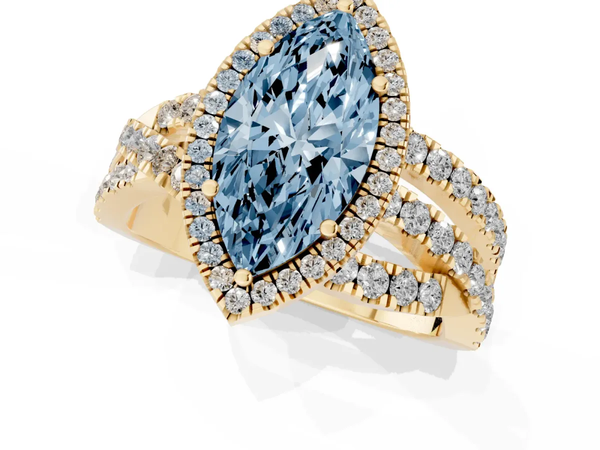Fancy Blue Marquise Cut Diamond Halo Ring with Round Split Shank and Prong Setting Yellow gold
