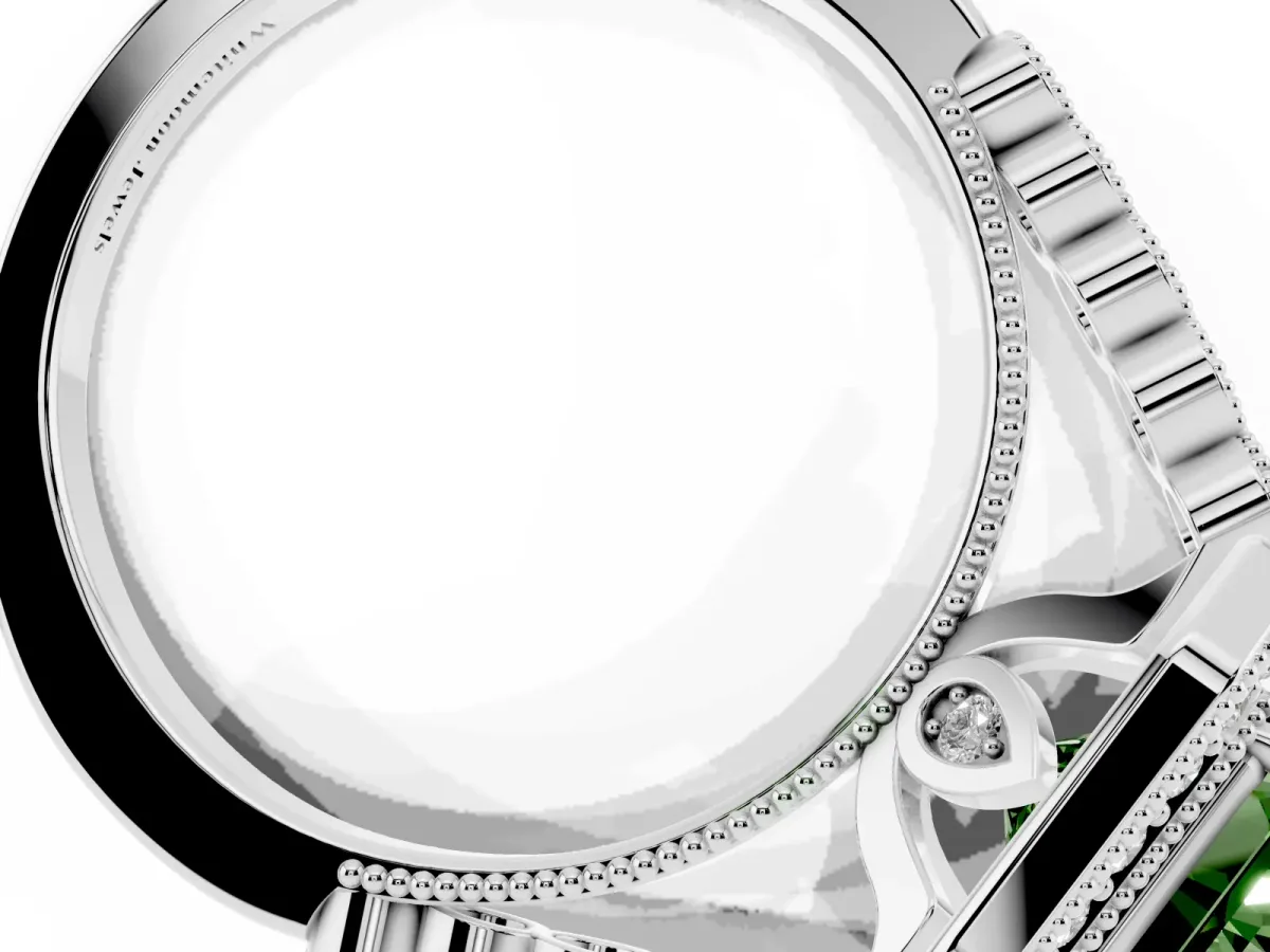 Fancy Green Radiant Cut Halo Milgrain Solitaire with Bezel Set Side Stones and Pave Band Silver