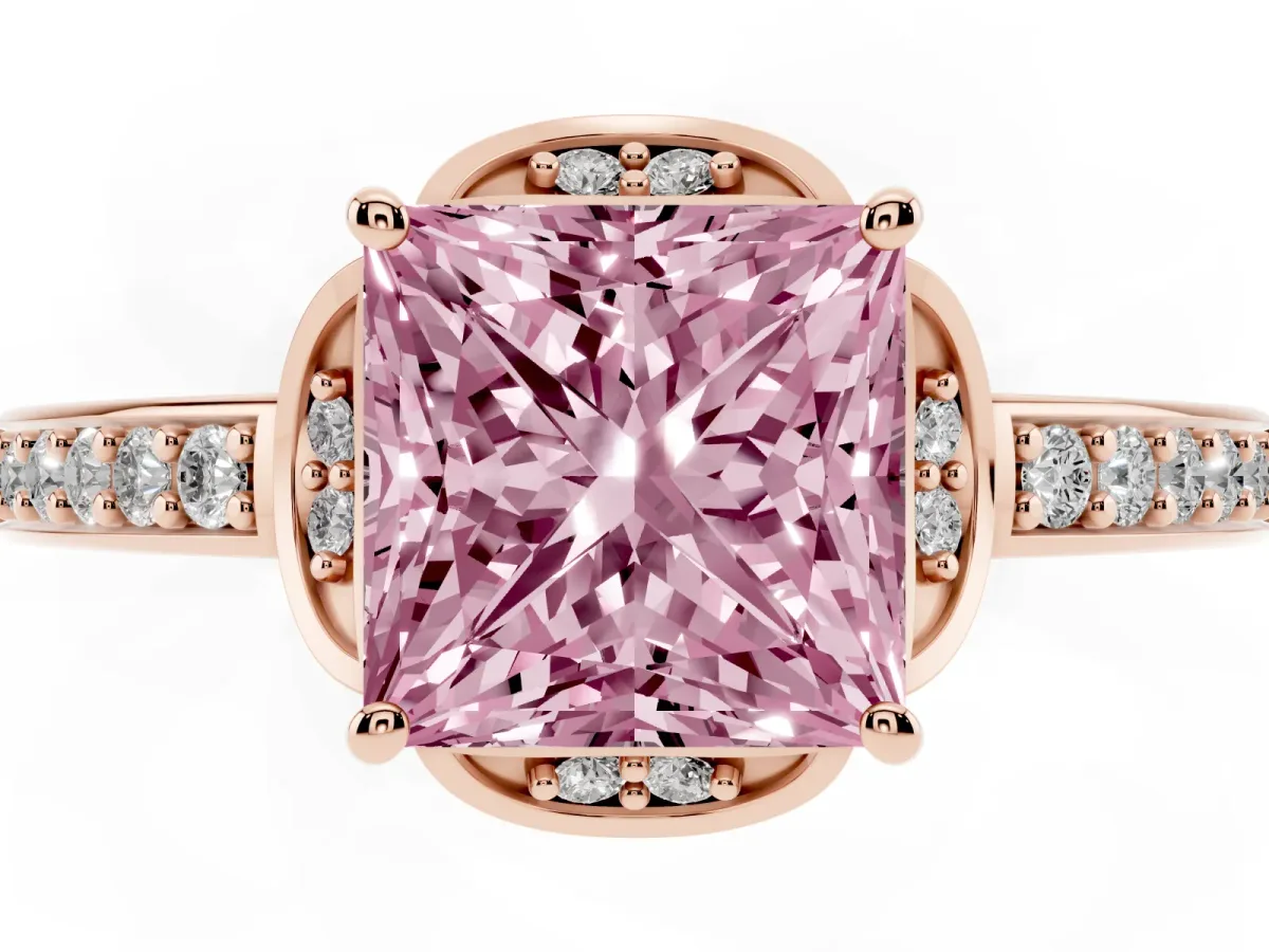 Fancy Pink Princess Cut Cut Halo Diamond Ring with Channel Set Band and Four-Prong Setting Rose gold