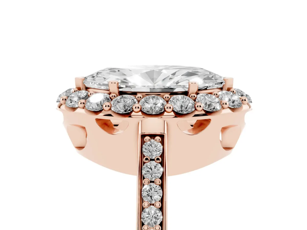Marquise Cut Diamond Floral Halo Ring with Pavé Band and Prong Setting Rose gold