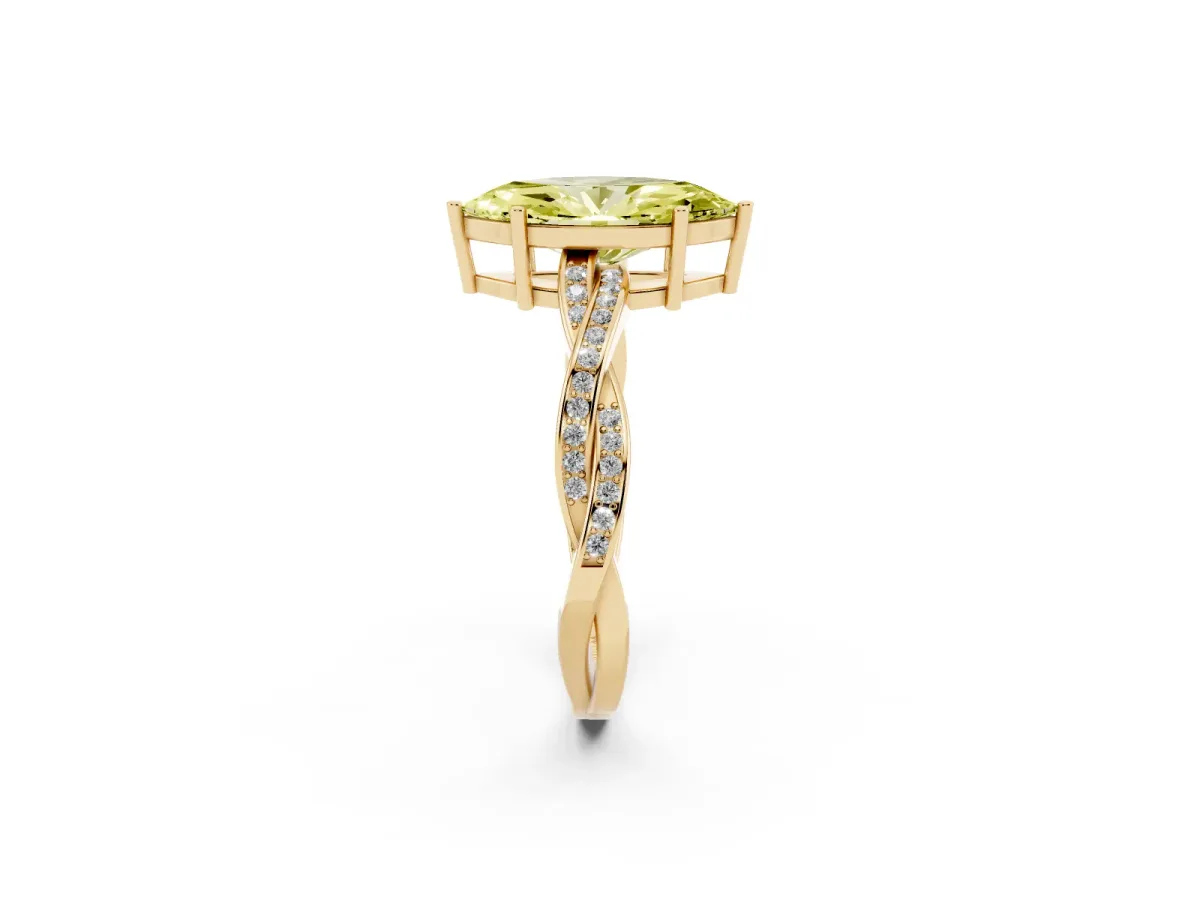 Fancy Yellow Marquise Cut Solitaire Twisted Pave Diamond Ring with Four-Prong Setting Yellow gold