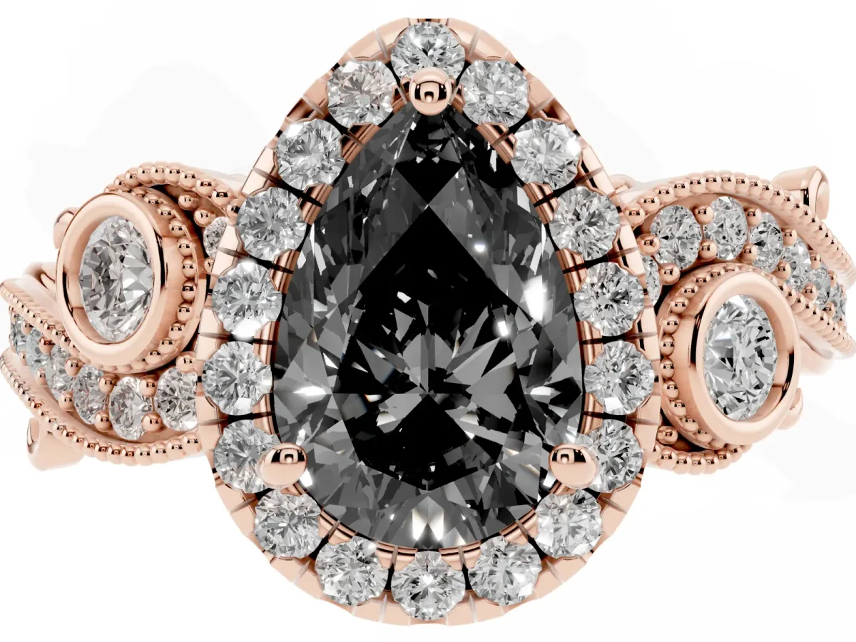 Fancy Black Pear Cut Halo Diamond Ring with Milgrain and Bezel Accents on a Split Shank Band Rose gold