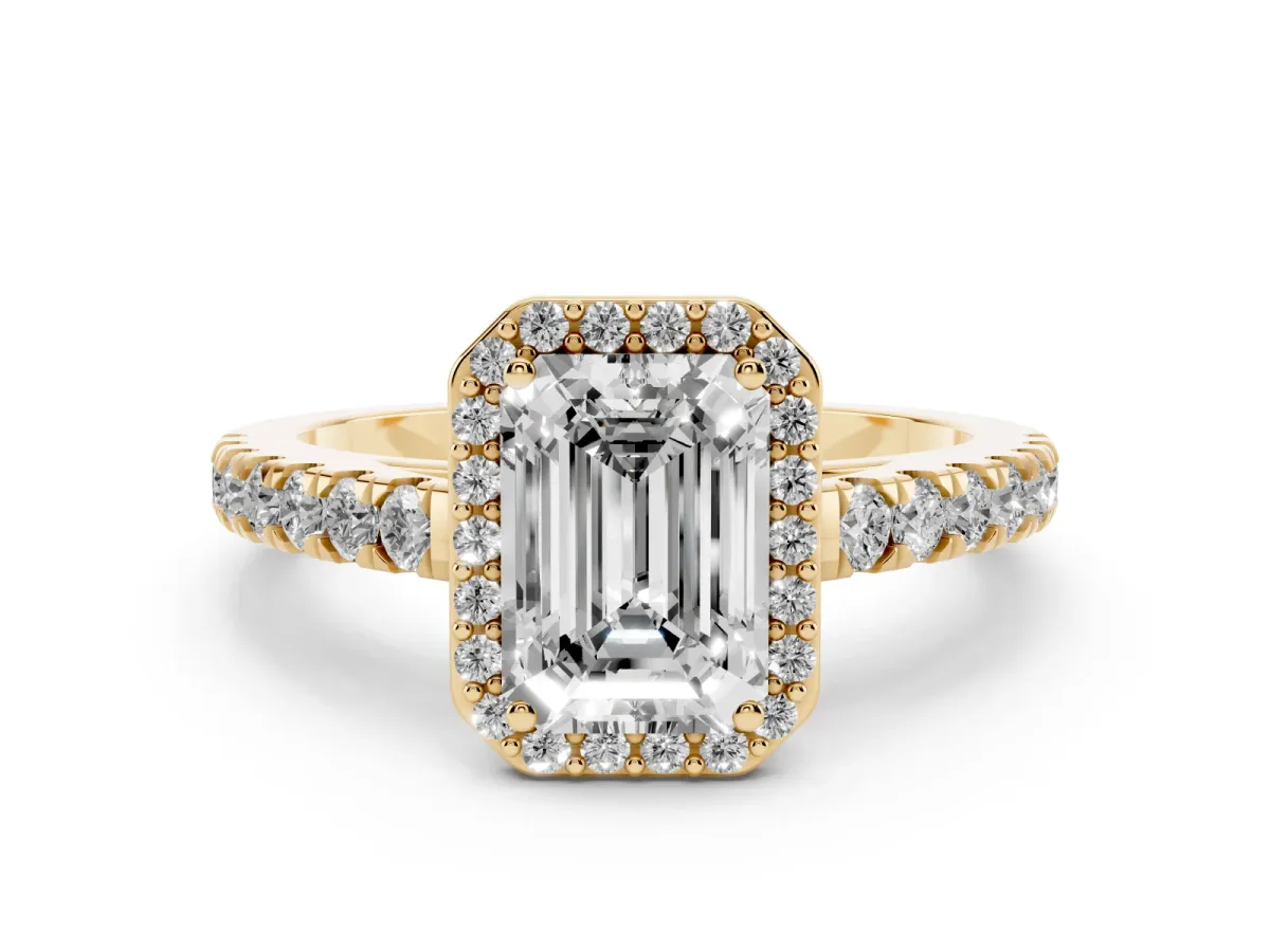 Emerald Cut Cut Halo Diamond Engagement Ring with Pave Band and Four-Prong Setting Yellow gold