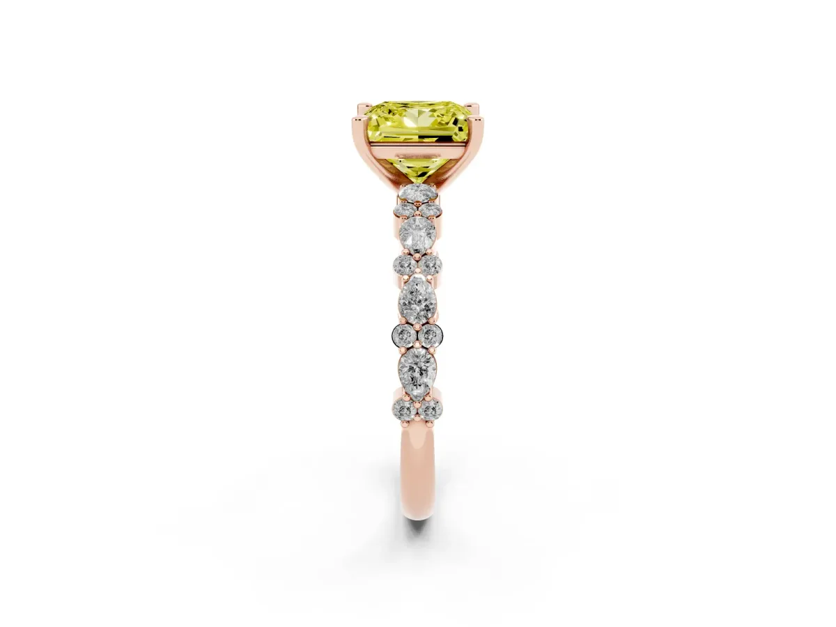 Fancy Yellow Princess Cut Diamond Side Stone Solitaire Ring with Round and Four-Prong Setting Rose gold