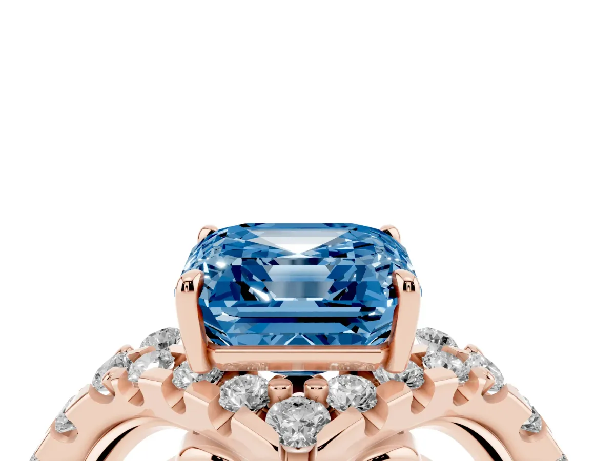 Fancy Blue Asscher Cut Diamond Solitaire Ring with Hidden Halo and Pavé Band Rose gold