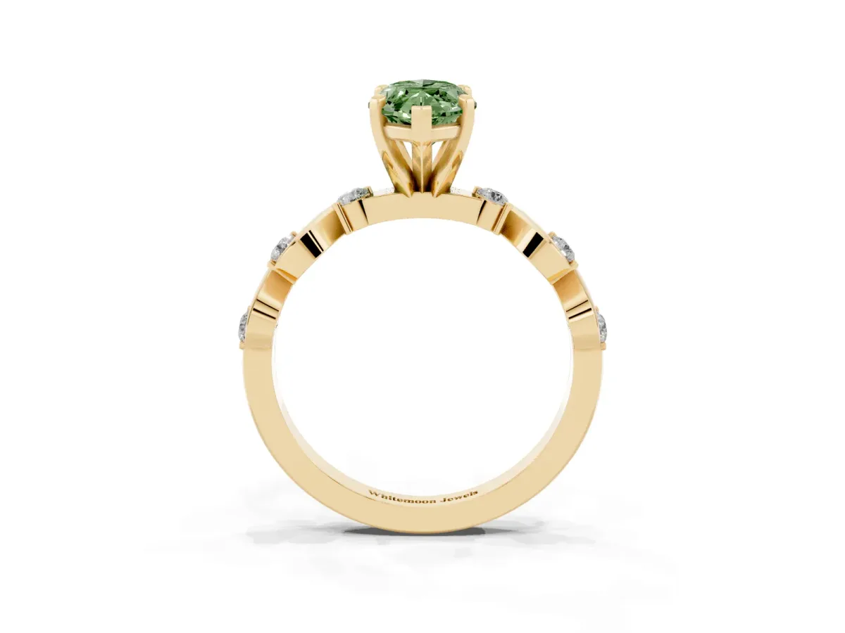 Fancy Green Marquise Cut Diamond Solitaire Twisted Band with Round Accents and Prong Setting Yellow gold
