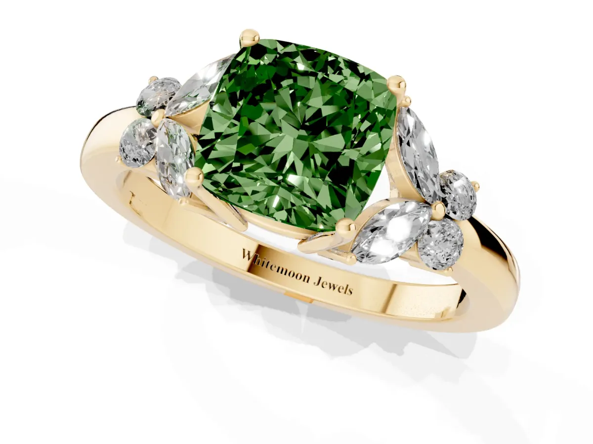 Fancy Green Cushion Cut Cut Solitaire Floral Diamond Ring with Four-Prong Setting Yellow gold