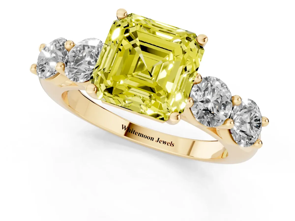 Fancy Yellow Asscher Cut Cut Five-Stone Prong Set Diamond Ring with Classic Band Yellow gold