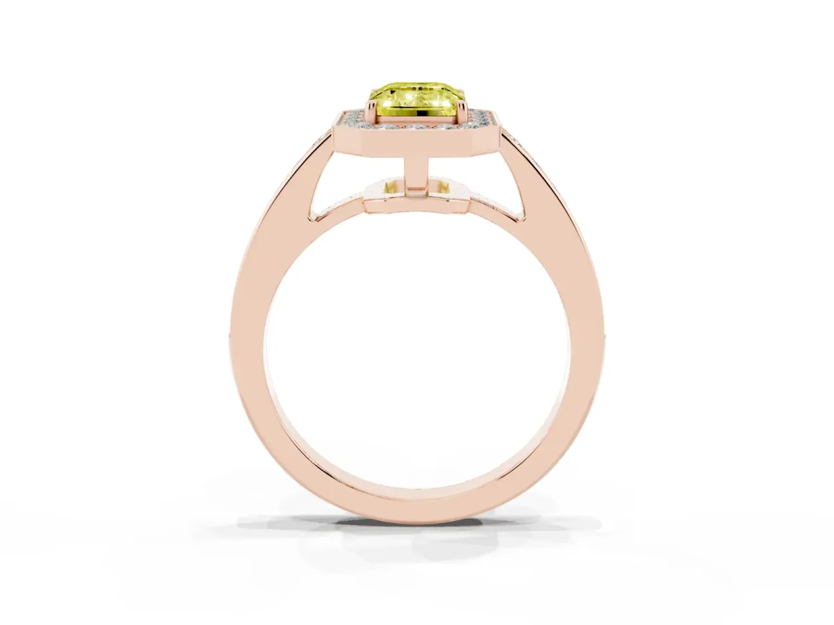 Fancy Yellow Emerald Cut Halo Pavé Diamond Engagement Ring with Bezel Setting Rose gold