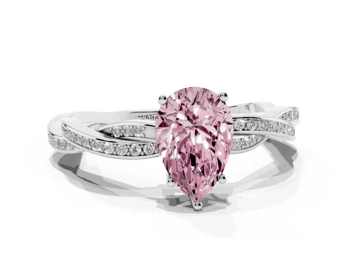 Fancy Pink Pear Cut Solitaire Twisted Pave Diamond Ring with Four-Prong Setting Silver