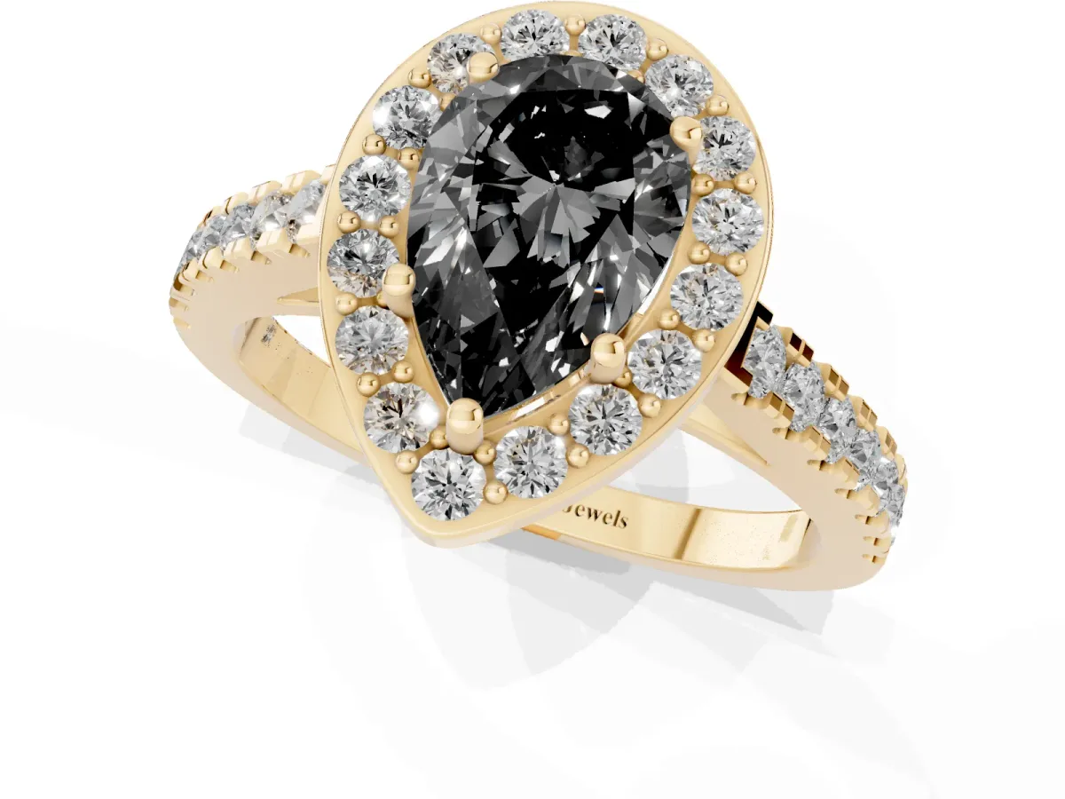 Fancy Black Pear Cut Diamond Halo Ring with Round Pavé Split Shank and Prong Setting Yellow gold