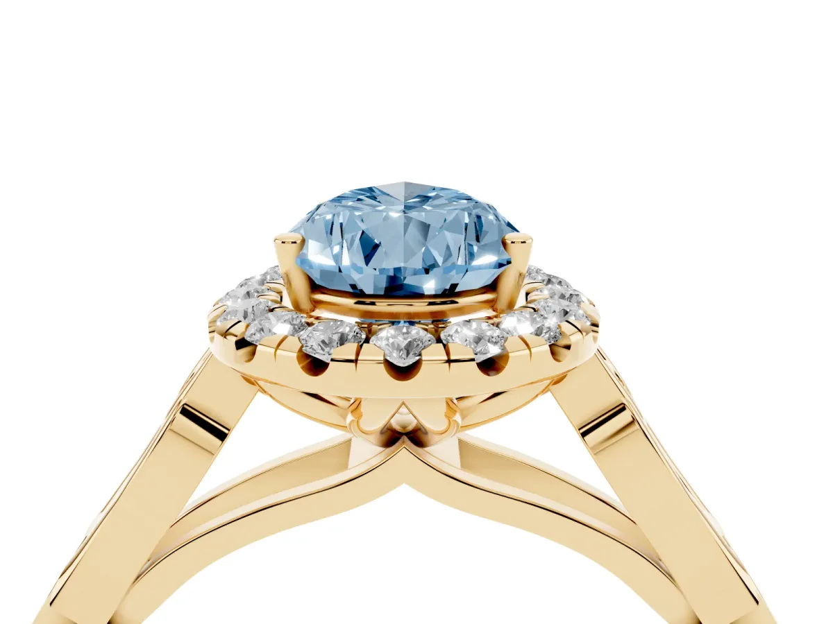 Fancy Blue Pear Cut Halo Diamond Engagement Ring with Filigree Band and Four-Prong Setting Yellow gold
