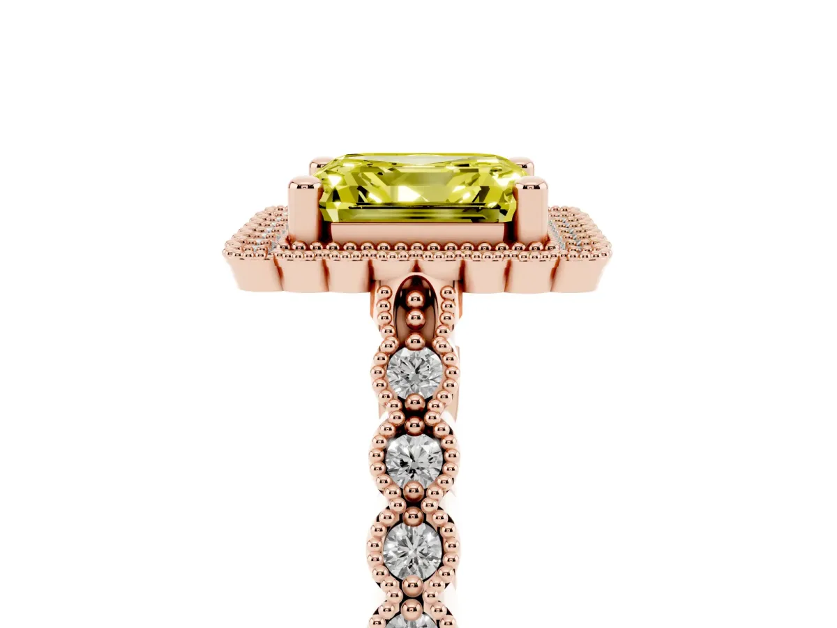 Fancy Yellow Asscher Cut Cut Halo Pavé Solitaire Ring with Milgrain Band Rose gold