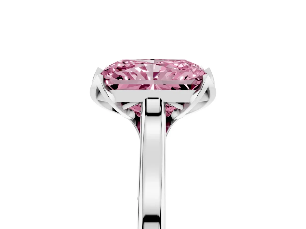 Fancy Pink Radiant Cut Diamond Solitaire Ring with Flower Prong Setting and Classic Band Platinum