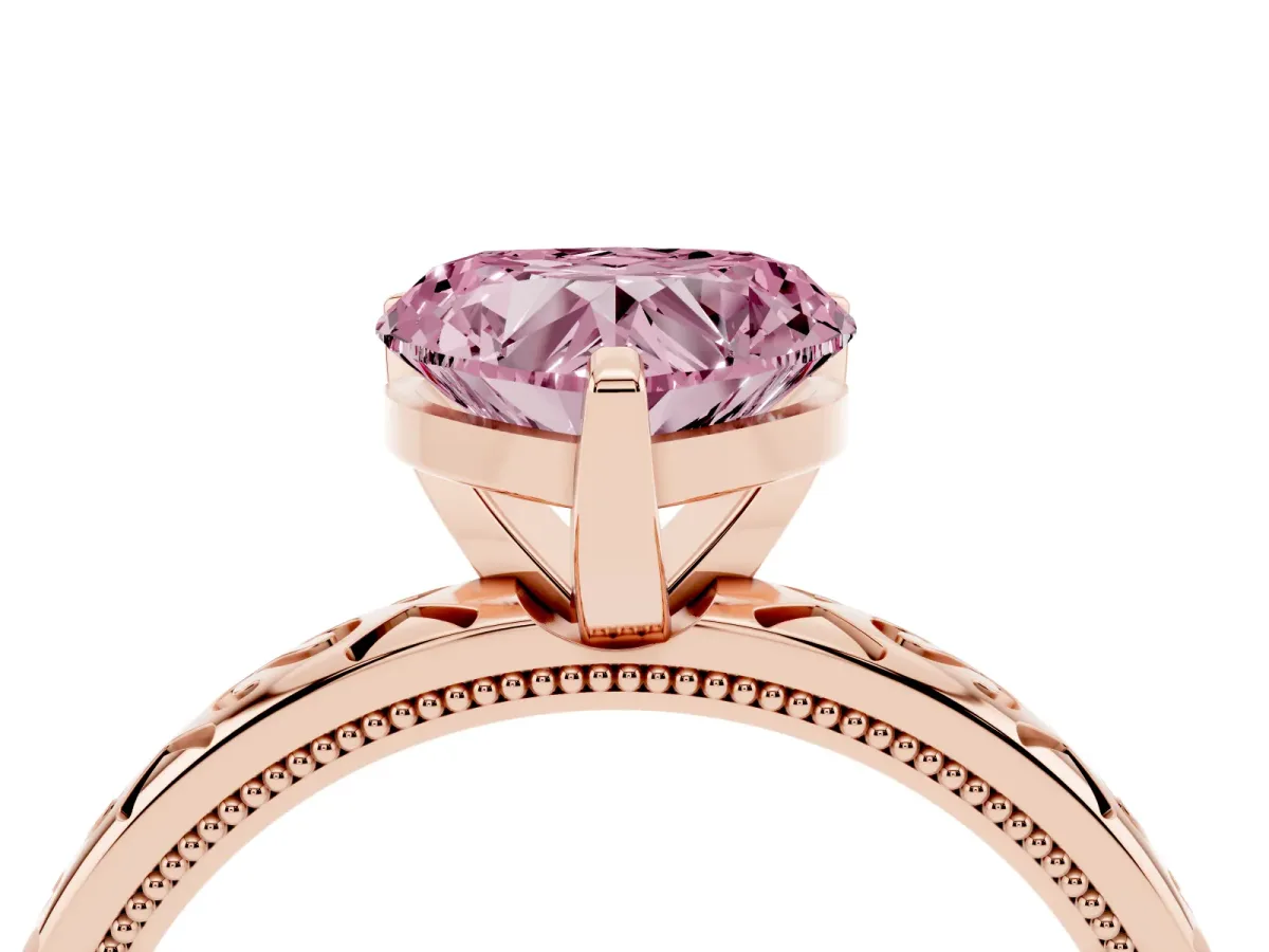 Fancy Pink Heart Cut Solitaire Engagement Ring with Scrollwork Band and Four-Prong Setting Rose gold