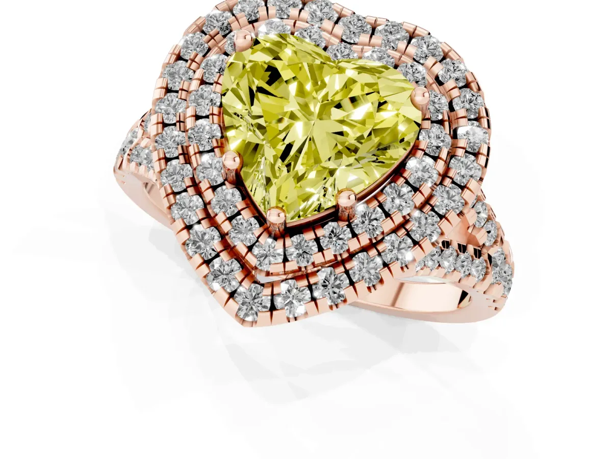 Fancy Yellow Double Halo Heart Cut Diamond Pavé Split Shank Ring with Prong Setting Rose gold