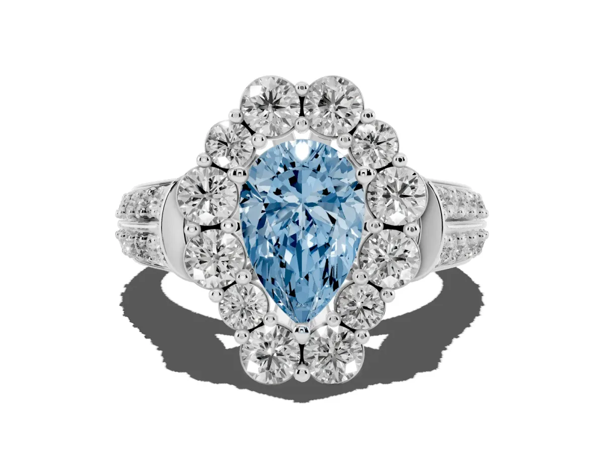 Fancy Blue Pear Cut Halo Diamond Engagement Ring with Split Shank and Prong Setting Silver