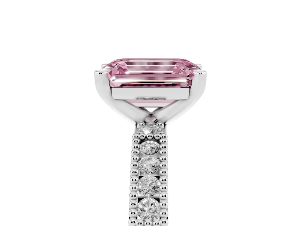 Fancy Pink Emerald Cut Solitaire with Pavé Band and Four-Prong Setting Silver