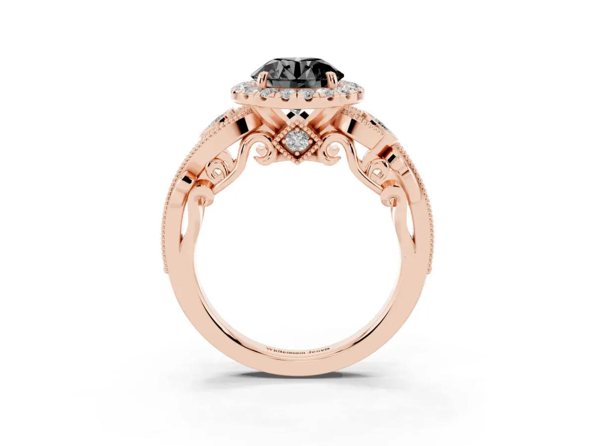 Fancy Black Round Cut Halo Diamond Ring with Milgrain and Bezel Accents on a Split Shank Band Rose gold